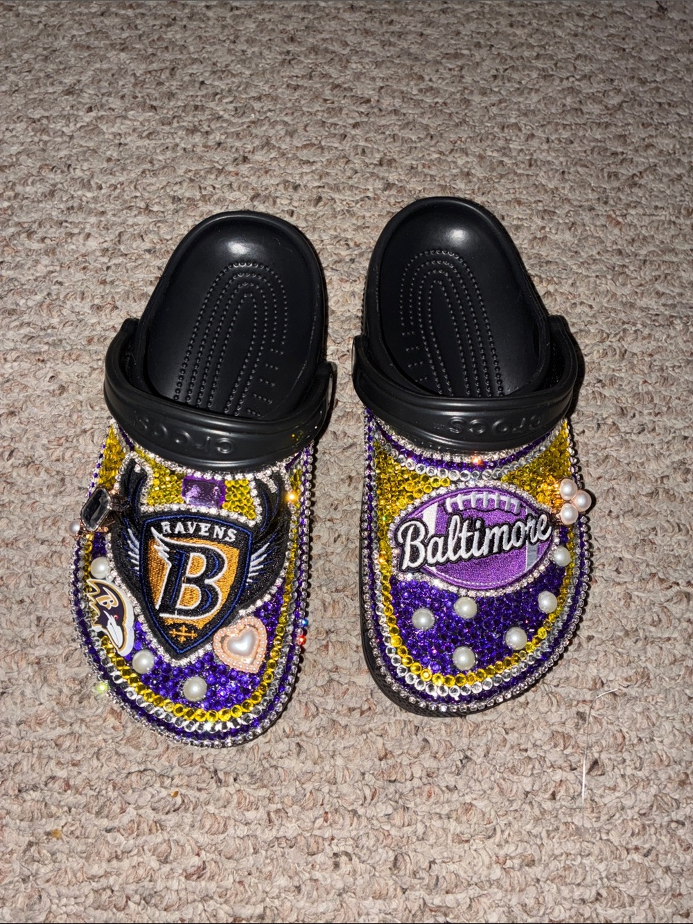 Handmade Embellished Baltimore Ravens Purple & Gold Clog Mules